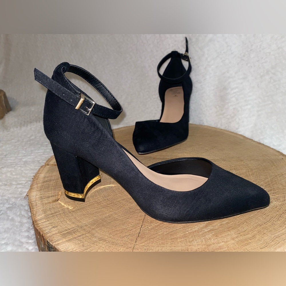 Beautiful Unique Black High Heels with Chrome Gold Trim and Buckle Accents